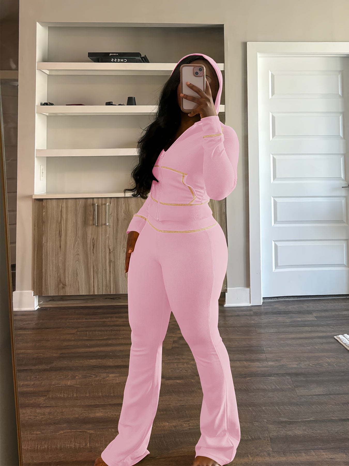 Womens Outfit 2pcs Lounge Hoodie Flare Pant Sets, Weekend Outfit, Sporty Look, Easy Care, Breathable Material, Comfy Clothing, Women's Fashion