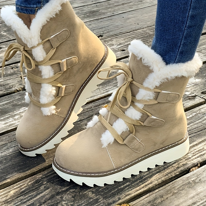 Women's Elegant Plush Lining Winter Boots - Thick Heel Mid-Calf Lace-Up Round Toe Boots with Faux Fur Collar, PU Cover-like Upper & Cushioned Insole, Warm Brown/Tan/Black/Pink/Beige - Casual & Formal Winter Shoes, Hand Wash o