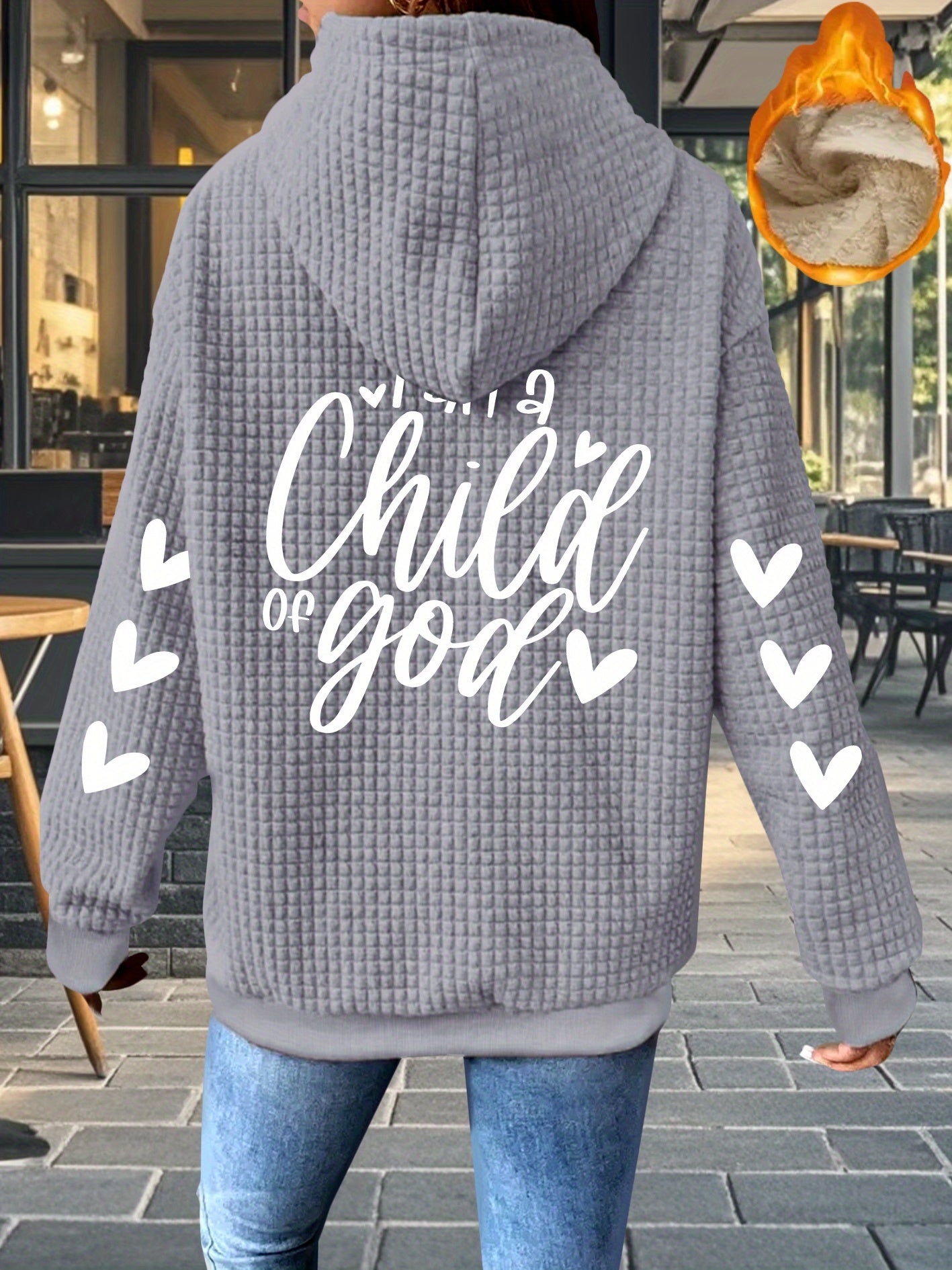 Women's Thick Full-Zip Hooded Jacket with " of God" Christian Lettering & Heart Design - Machine Washable Polyester Winter Coat, Casual Warm Outerwear for Church Events & Everyday Faith Expression, Geometric Pattern Waffle Te
