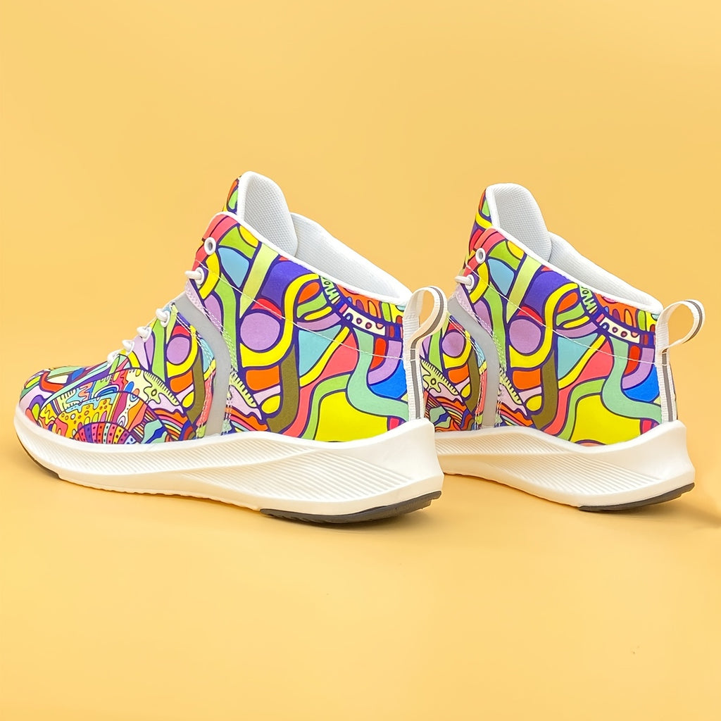 [Reflective Sneakers] Lightweight, Reflective Women's Hand-Painted Cartoon Print High-Top Sneakers | Lace-Up Casual Shoes with Soft Fabric Upper & EVA/Rubber Sole for North American & Mexican Fashion - Winter-Ready