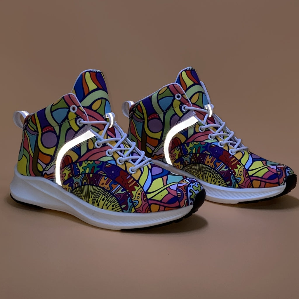 [Reflective Sneakers] Lightweight, Reflective Women's Hand-Painted Cartoon Print High-Top Sneakers | Lace-Up Casual Shoes with Soft Fabric Upper & EVA/Rubber Sole for North American & Mexican Fashion - Winter-Ready