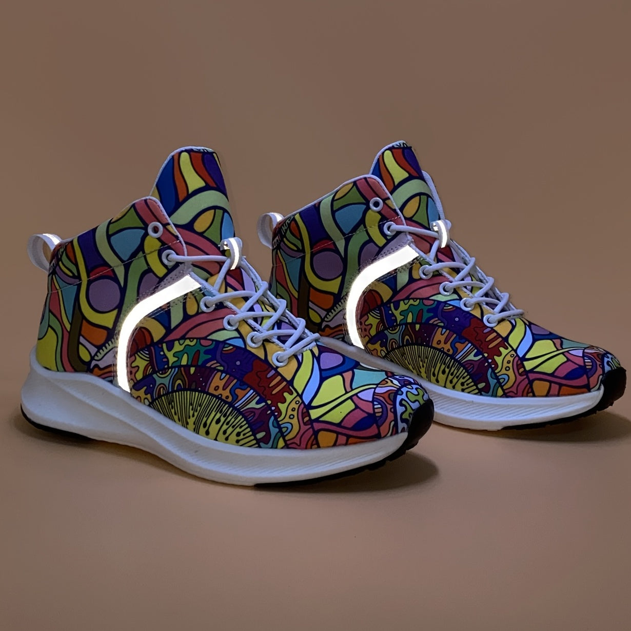 [Reflective Sneakers] Lightweight, Reflective Women's Hand-Painted Cartoon Print High-Top Sneakers | Lace-Up Casual Shoes with Soft Fabric Upper & EVA/Rubber Sole for North American & Mexican Fashion - Winter-Ready