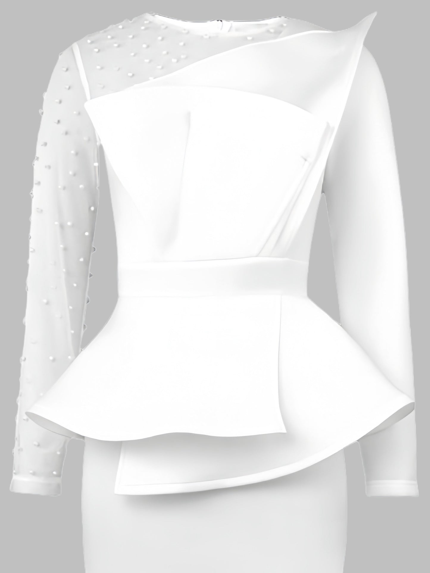 Women'S Elegant Contrast Mesh Sleeve Dress with Pearl Embellishments - Black & White Available, Asymmetric Ruffle Design, Peplum Waist, Ideal for Formal Occasions, Going Out, Weddings & Dates