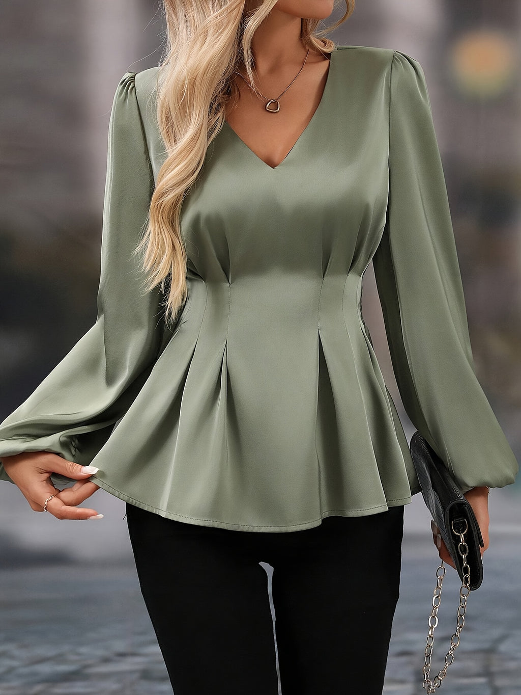 Women'S Elegant V-Neck Blouse - Long Sleeve Office & Formal Shirt, All-Season Chic Blouse for Women, Professional Everyday & Special Events - Women'S Blouse in, Versatile Fashion, Sophisticated Design, Smooth Fabric, Work Att