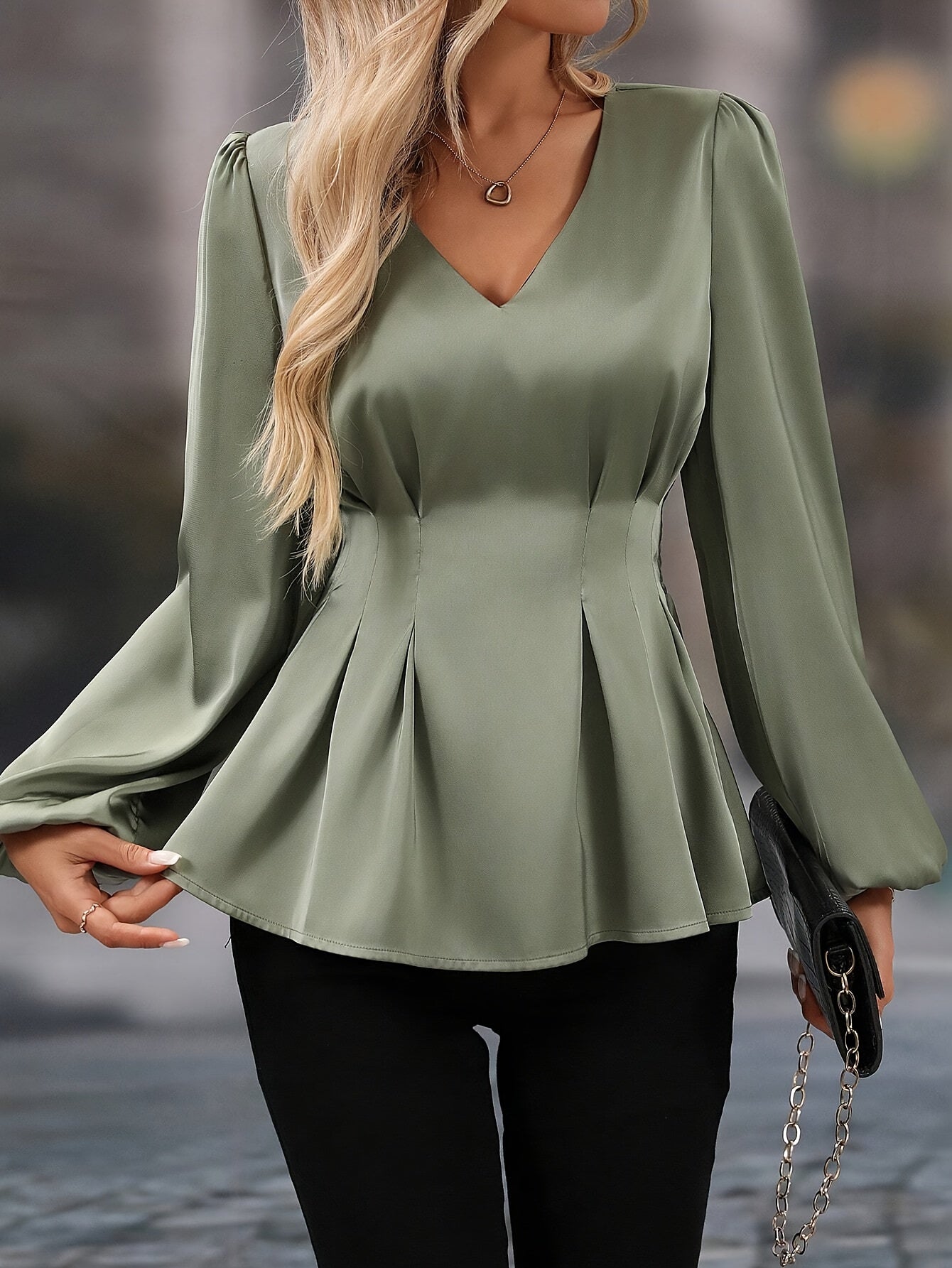 Women'S Elegant V-Neck Blouse - Long Sleeve Office & Formal Shirt, All-Season Chic Blouse for Women, Professional Everyday & Special Events - Women'S Blouse in, Versatile Fashion, Sophisticated Design, Smooth Fabric, Work Att