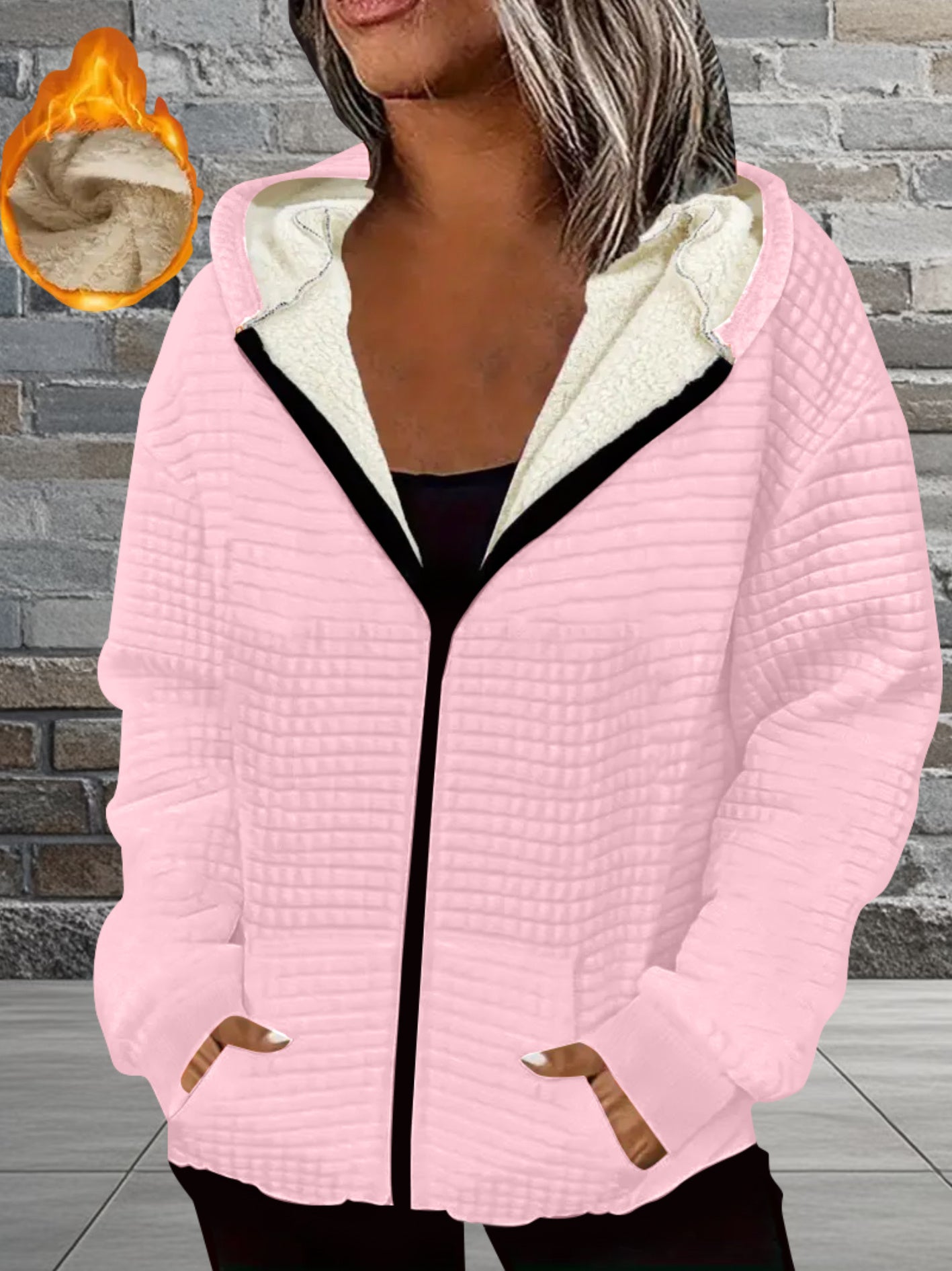 Women's Thick Full-Zip Hooded Jacket with " of God" Christian Lettering & Heart Design - Machine Washable Polyester Winter Coat, Casual Warm Outerwear for Church Events & Everyday Faith Expression, Geometric Pattern Waffle Te