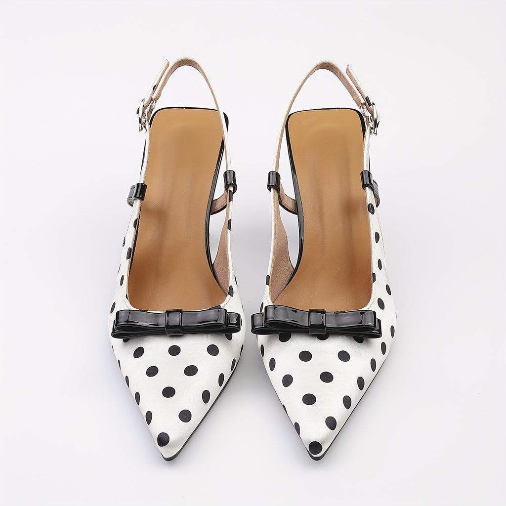 Women's Elegant Pointed-Toe High-Heel Mules - White & Black Polka Faux Cover/Fabric Upper with Adjustable Ankle Strap & Buckle Closure, TPU Cushioned Insole - All-Season Dress Shoes for Office, Parties, Semi-Formal Events - C