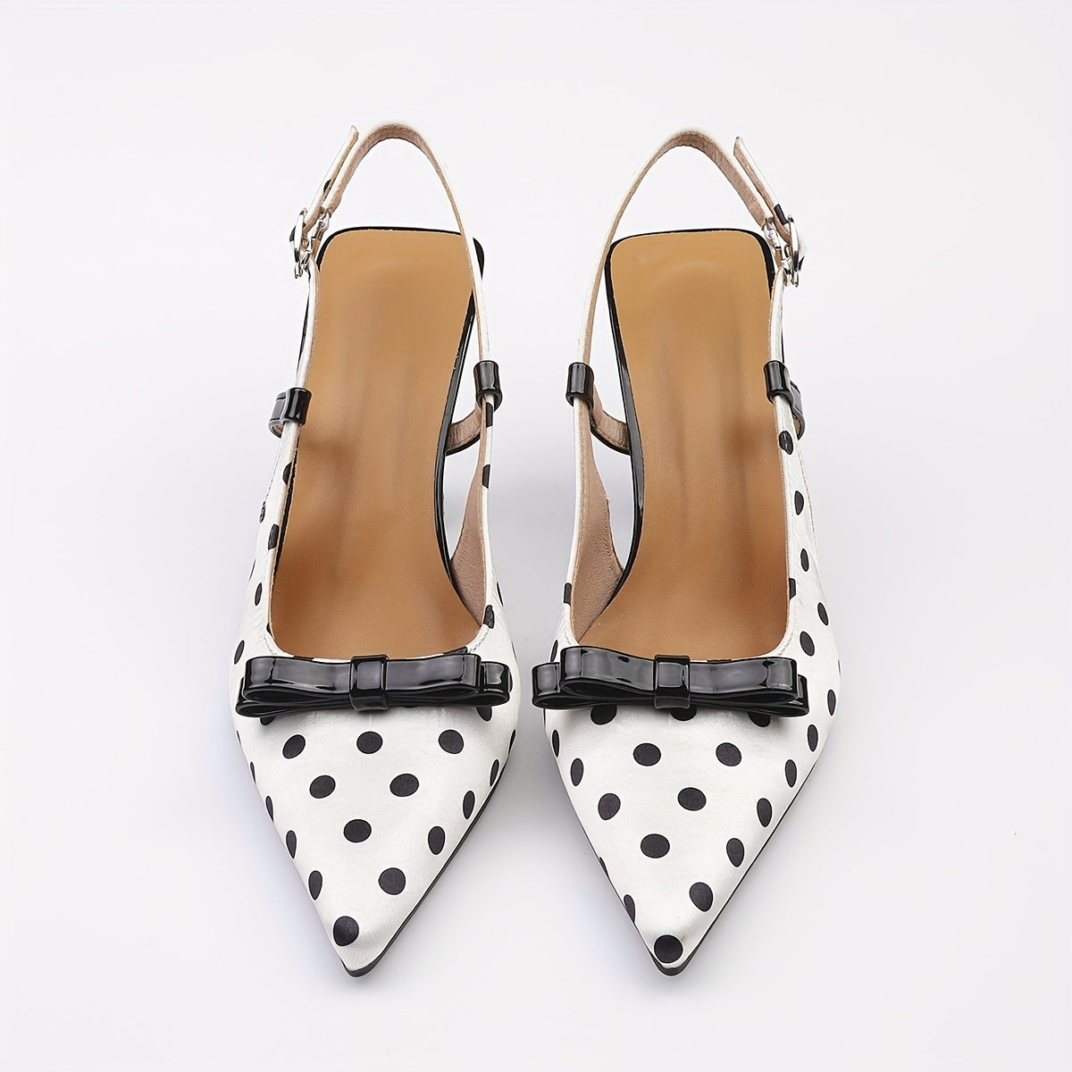 Women's Elegant Pointed-Toe High-Heel Mules - White & Black Polka Faux Cover/Fabric Upper with Adjustable Ankle Strap & Buckle Closure, TPU Cushioned Insole - All-Season Dress Shoes for Office, Parties, Semi-Formal Events - C