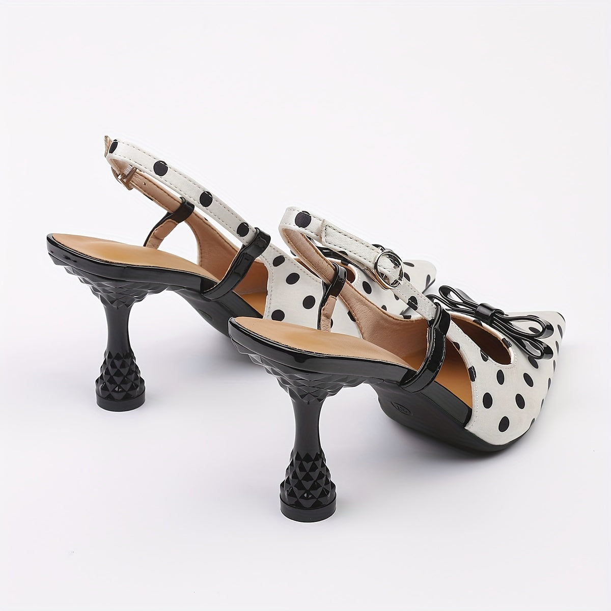 Women's Elegant Pointed-Toe High-Heel Mules - White & Black Polka Faux Cover/Fabric Upper with Adjustable Ankle Strap & Buckle Closure, TPU Cushioned Insole - All-Season Dress Shoes for Office, Parties, Semi-Formal Events - C