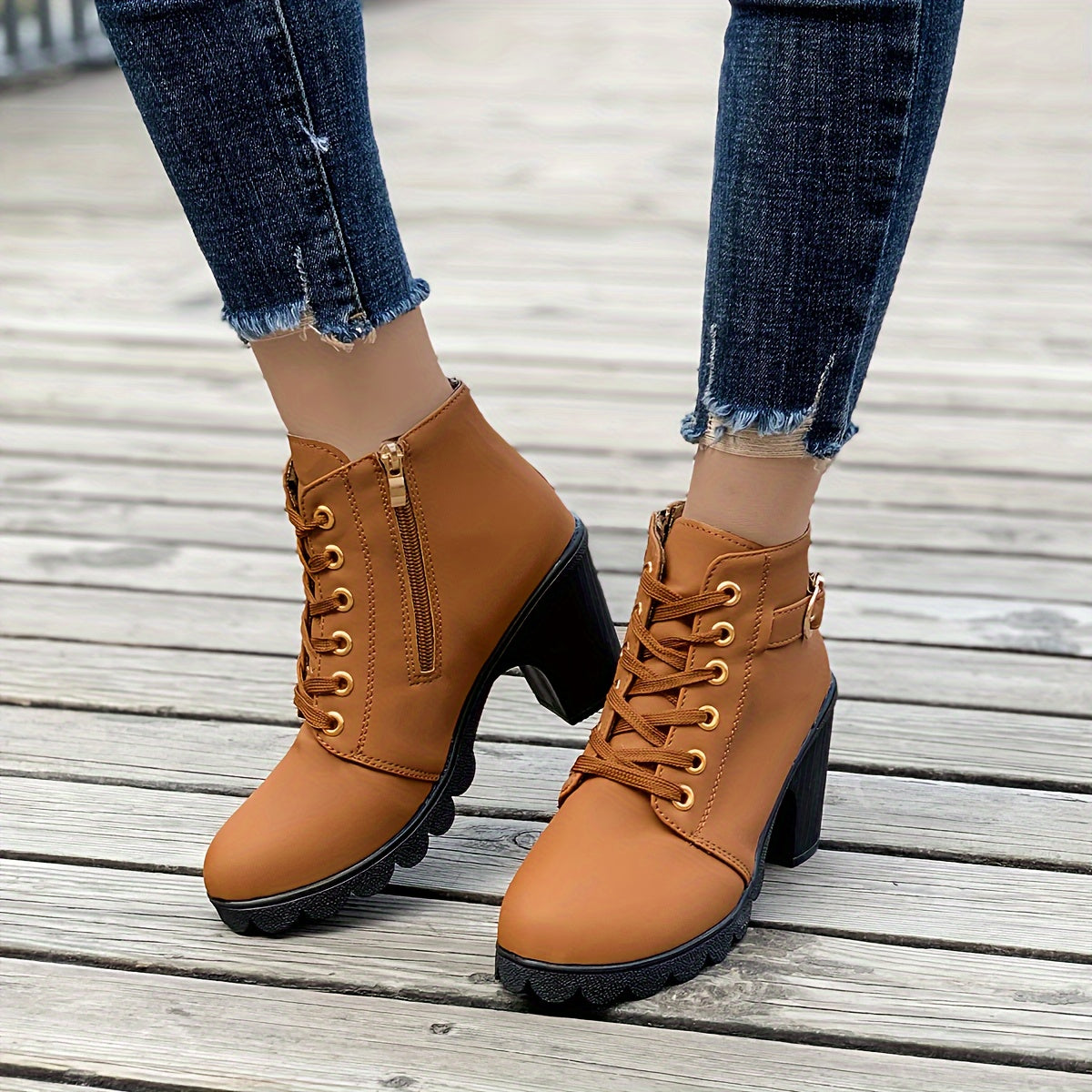 Women's Chunky Heel Ankle Boots - Black Faux Cover Lace-Up Side Zipper Booties with Golden Accents, Cap Toe & Comfortable Block Heel for Casual Outings