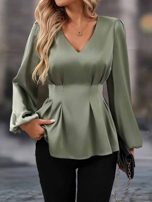 Women'S Elegant V-Neck Blouse - Long Sleeve Office & Formal Shirt, All-Season Chic Blouse for Women, Professional Everyday & Special Events - Women'S Blouse in, Versatile Fashion, Sophisticated Design, Smooth Fabric, Work Att