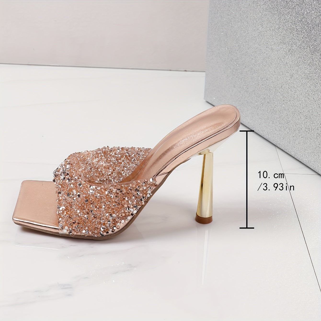 Women's Rhinestone-Adorned High-Heel Slip-Resistant Square Toe Mules - Sparkling PU Cover-like TPU & Rubber Sole, Glittering Party Shoes with Arch, Comfortable Elegant Dress Shoes for Women (Shimmering Rhinestone-Encrusted, S