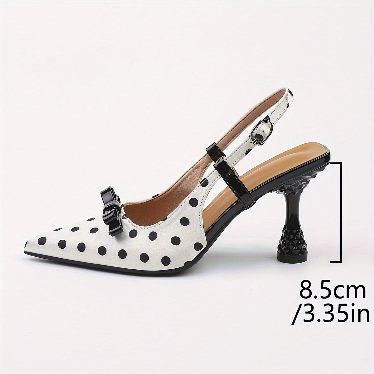 Women's Elegant Pointed-Toe High-Heel Mules - White & Black Polka Faux Cover/Fabric Upper with Adjustable Ankle Strap & Buckle Closure, TPU Cushioned Insole - All-Season Dress Shoes for Office, Parties, Semi-Formal Events - C