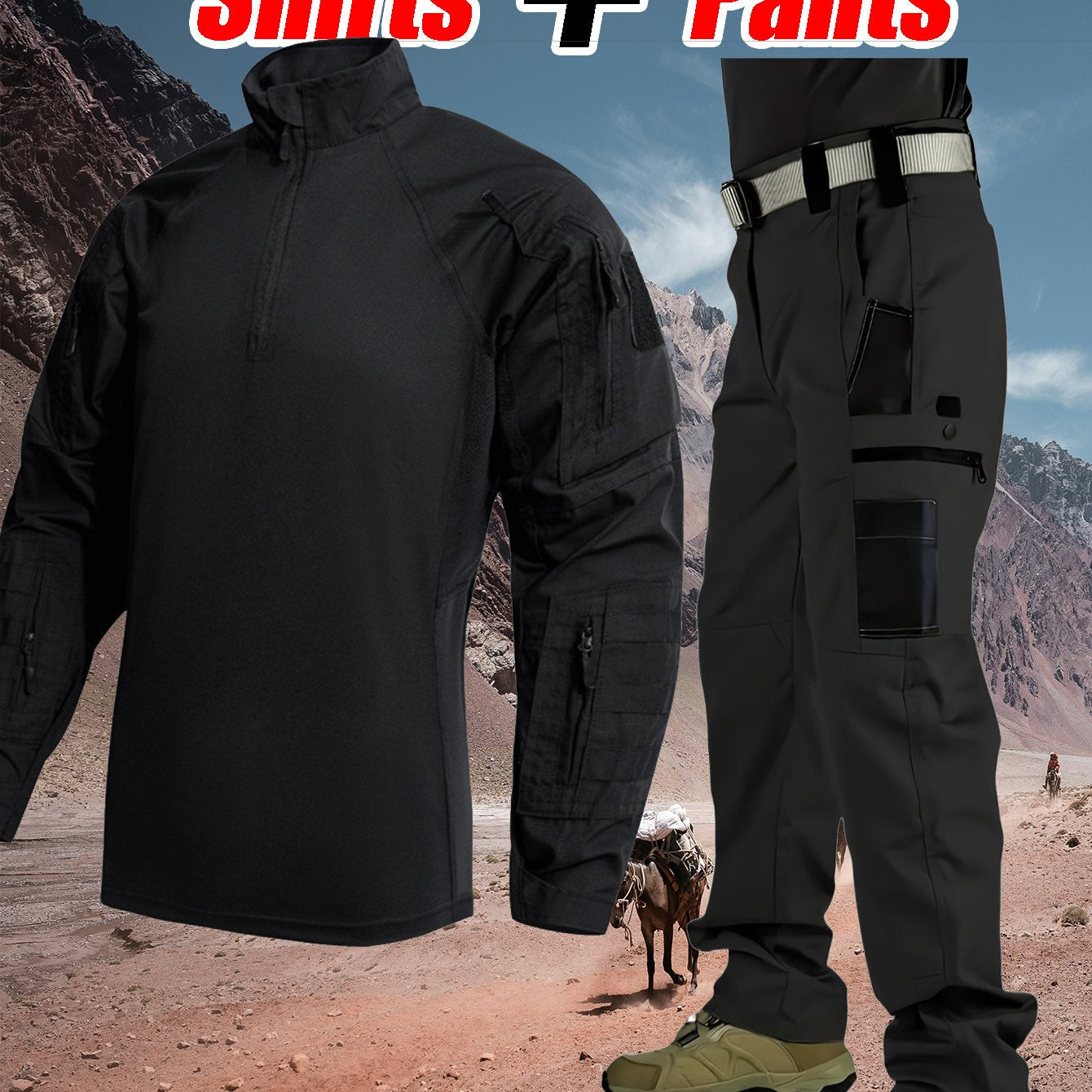 Men'S Tactical Clothing Long Sleeve Ripstop High Quality Clothing Combat Shirt and Pants Elbow Knee Pads with Zippered Compartments, Loose Fit All Season Hiking and Street Clothing - Machine Washable, No Strap Waist Belt, Tac