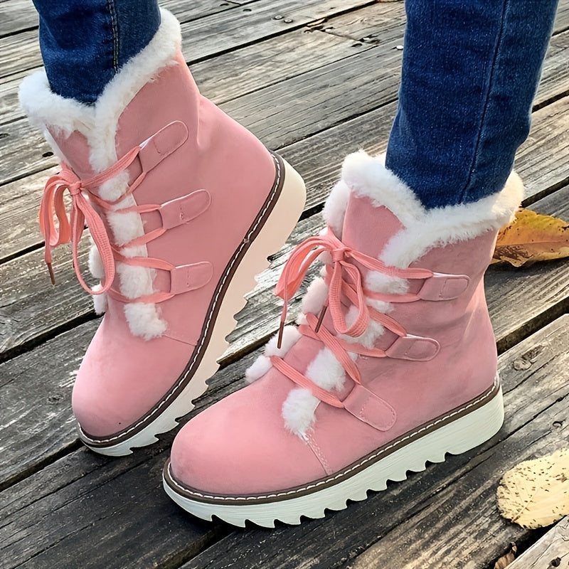 Women's Elegant Plush Lining Winter Boots - Thick Heel Mid-Calf Lace-Up Round Toe Boots with Faux Fur Collar, PU Cover-like Upper & Cushioned Insole, Warm Brown/Tan/Black/Pink/Beige - Casual & Formal Winter Shoes, Hand Wash o