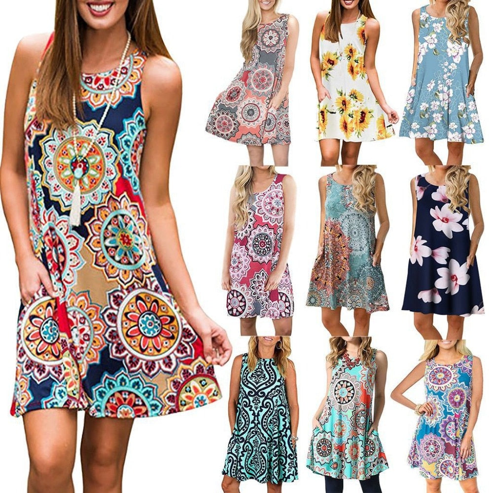 Women Beach Dress Summer Casual T Shirt Dresses Printed Tank Sexy Mini Dress Casual Beach Party Sundress Beach Cover Up - keikeishopping
