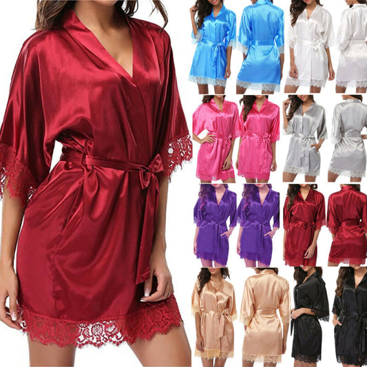 Women's Silk Satin Robe Bride Bridesmaid Dress Wedding Kimono Bathrobe Sleepwear Sexy Lace Pyjamas Babydoll Robe - keikeishopping