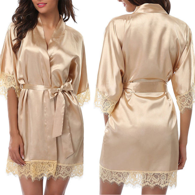 Women's Silk Satin Robe Bride Bridesmaid Dress Wedding Kimono Bathrobe Sleepwear Sexy Lace Pyjamas Babydoll Robe - keikeishopping