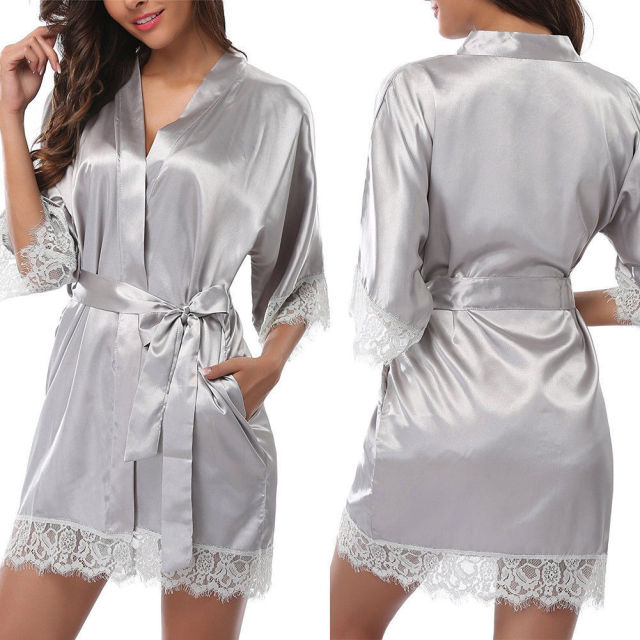 Women's Silk Satin Robe Bride Bridesmaid Dress Wedding Kimono Bathrobe Sleepwear Sexy Lace Pyjamas Babydoll Robe - keikeishopping