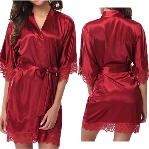 Women's Silk Satin Robe Bride Bridesmaid Dress Wedding Kimono Bathrobe Sleepwear Sexy Lace Pyjamas Babydoll Robe - keikeishopping