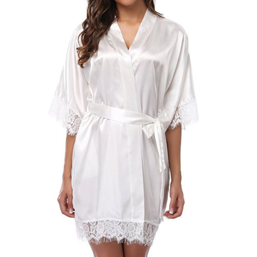 Women's Silk Satin Robe Bride Bridesmaid Dress Wedding Kimono Bathrobe Sleepwear Sexy Lace Pyjamas Babydoll Robe - keikeishopping