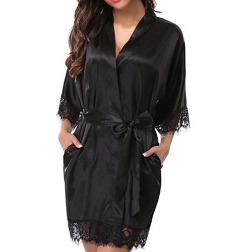 Women's Silk Satin Robe Bride Bridesmaid Dress Wedding Kimono Bathrobe Sleepwear Sexy Lace Pyjamas Babydoll Robe - keikeishopping