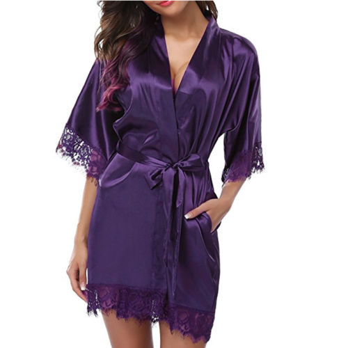 Women's Silk Satin Robe Bride Bridesmaid Dress Wedding Kimono Bathrobe Sleepwear Sexy Lace Pyjamas Babydoll Robe - keikeishopping