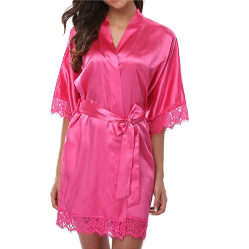 Women's Silk Satin Robe Bride Bridesmaid Dress Wedding Kimono Bathrobe Sleepwear Sexy Lace Pyjamas Babydoll Robe - keikeishopping