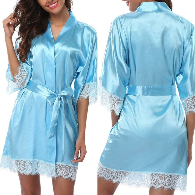 Women's Silk Satin Robe Bride Bridesmaid Dress Wedding Kimono Bathrobe Sleepwear Sexy Lace Pyjamas Babydoll Robe - keikeishopping