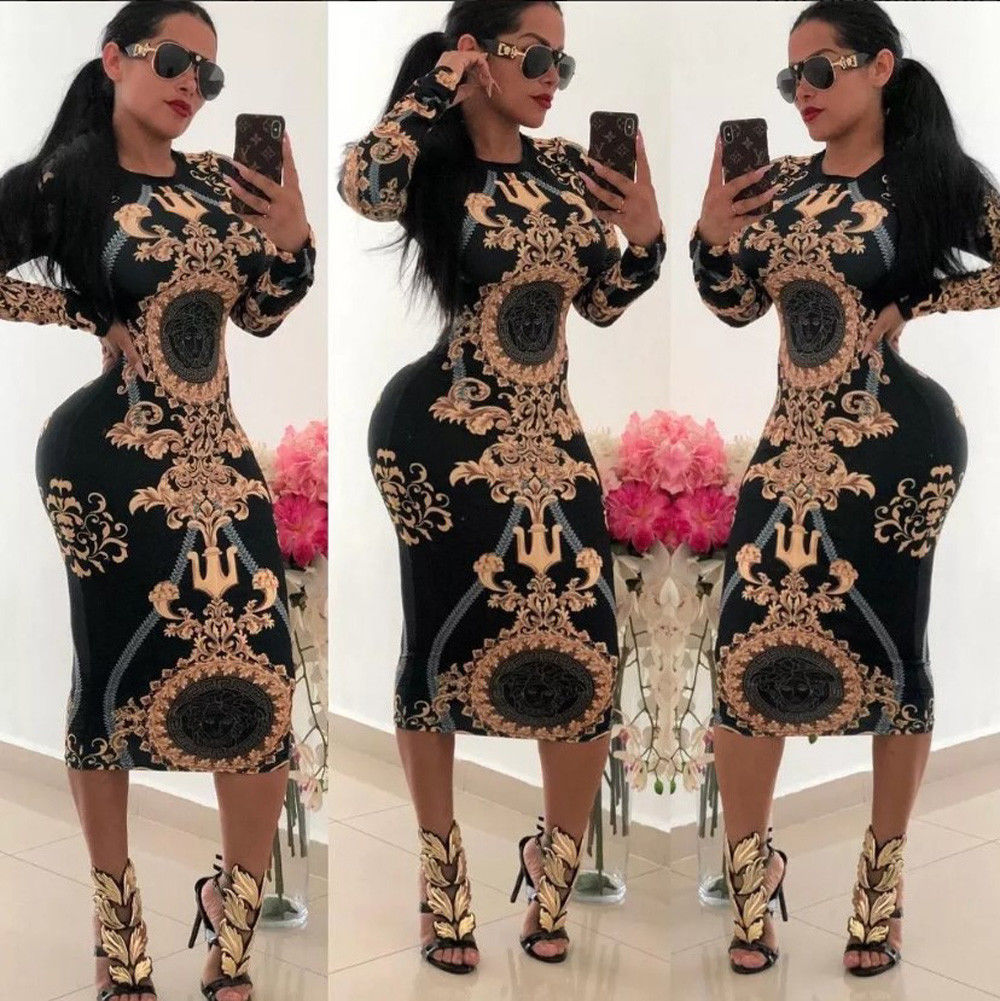 Women Casual O-neck Print Long Sleeve Bodycon Party Long Dress Ladies Sexy Striped Clubwear Dresses - keikeishopping