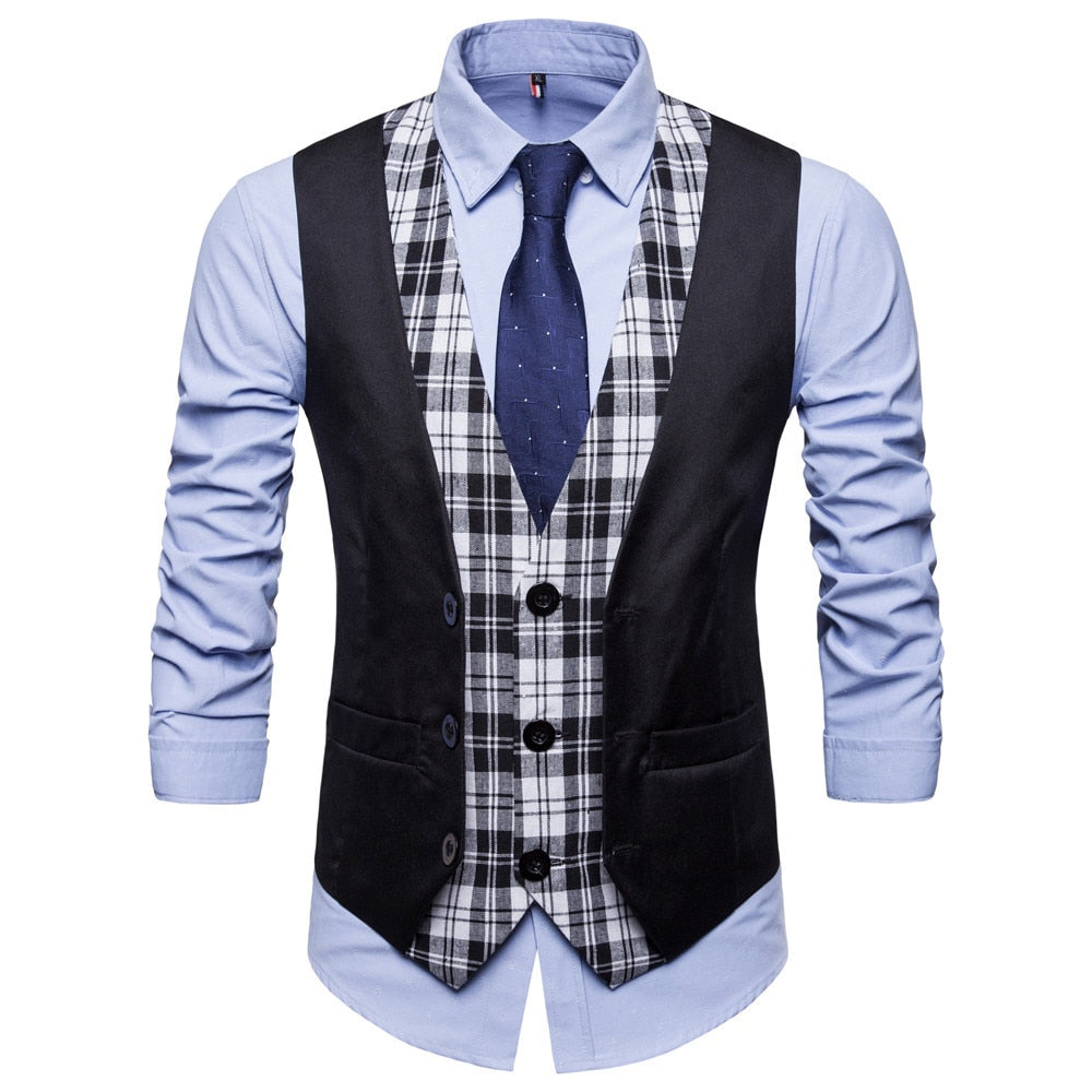 SWAGWHAT Mens Plaid Patchwork Blazer vests Single Breasted V-neck Fashion Male England Casual Style Vests Men Suit Waistcoat - keikeishopping
