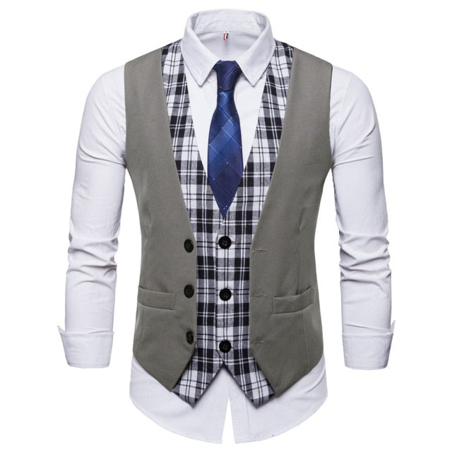 SWAGWHAT Mens Plaid Patchwork Blazer vests Single Breasted V-neck Fashion Male England Casual Style Vests Men Suit Waistcoat - keikeishopping