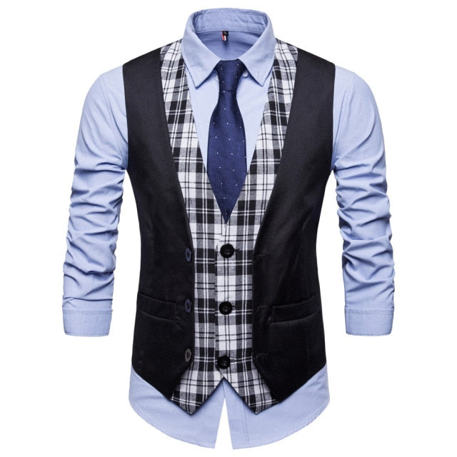 SWAGWHAT Mens Plaid Patchwork Blazer vests Single Breasted V-neck Fashion Male England Casual Style Vests Men Suit Waistcoat - keikeishopping