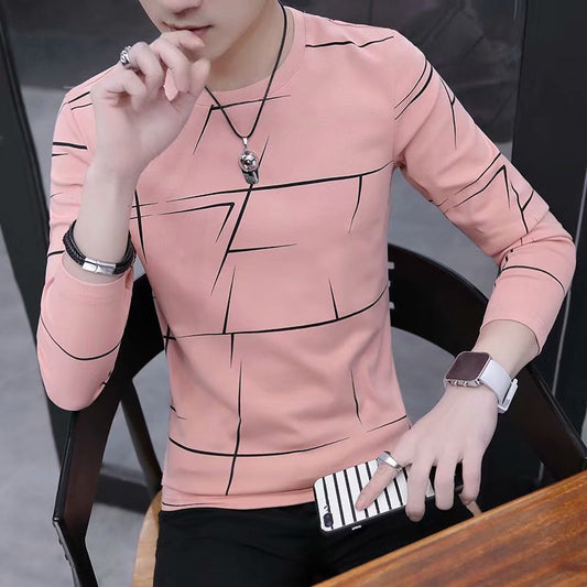 T Shirt Men Autumn Winter Men Long Sleeve T-shirt Stripe Shirt New Tshirt T Shirts O-Neck Casual Pink White Black - keikeishopping