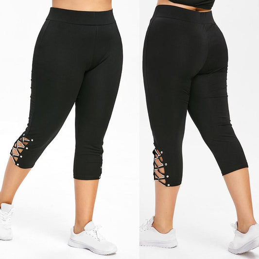 Women High Waist Cropped Trousers Pants Elastic Bandage Leggings Plus Size - keikeishopping