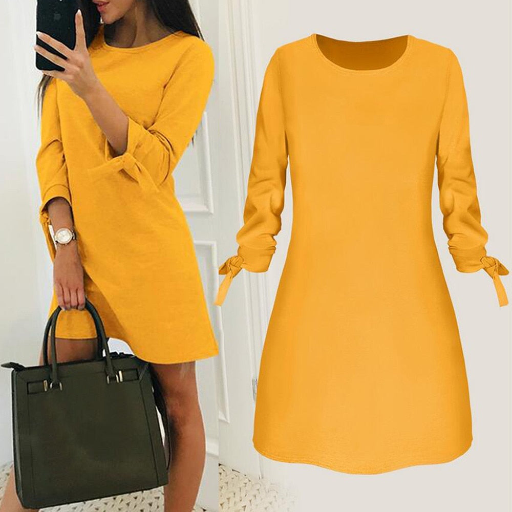 платье женское Hot Sale Winter Dress Women Fashion Solid Plain Bowknot Elegant Dress Spring Loose Dress ropa mujer - keikeishopping