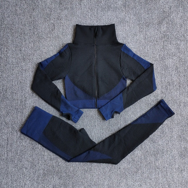 Women Fitness Sport Yoga Suit Seamless Women Yoga Sets Long Sleeve Yoga Clothing Female Sport Gym Suits Wear Running Clothes - keikeishopping
