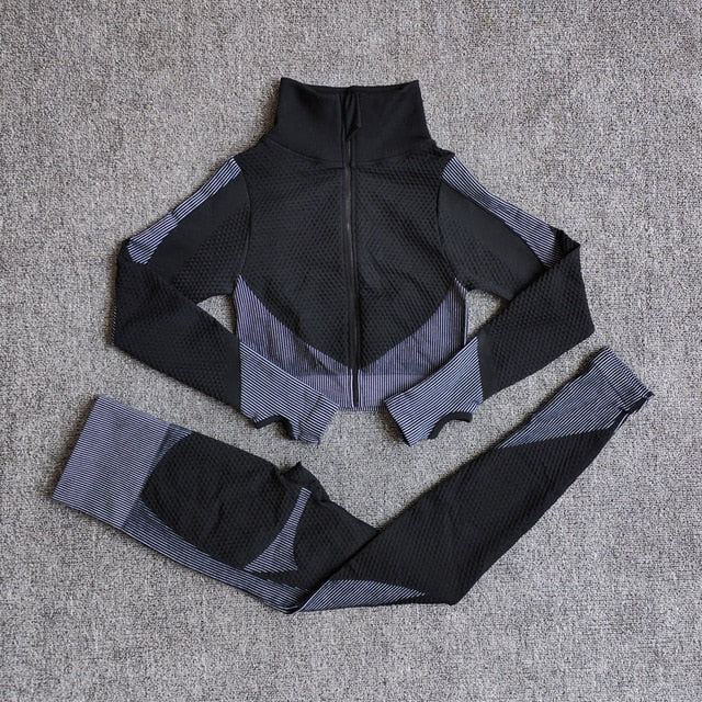 Women Fitness Sport Yoga Suit Seamless Women Yoga Sets Long Sleeve Yoga Clothing Female Sport Gym Suits Wear Running Clothes - keikeishopping