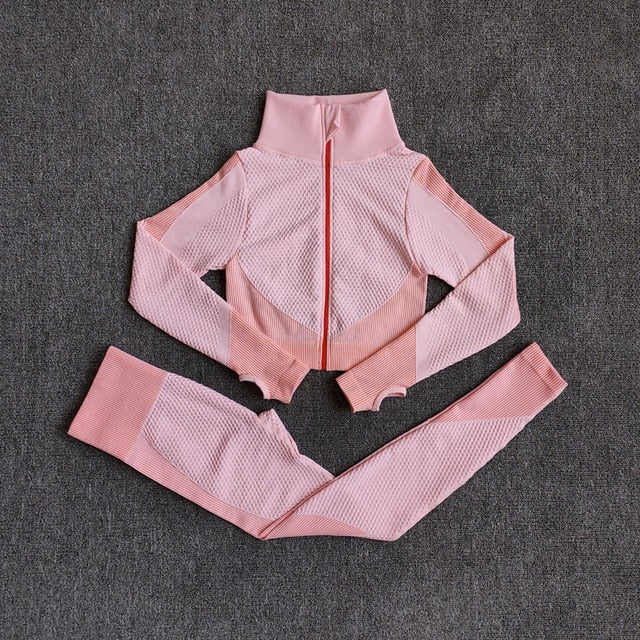 Women Fitness Sport Yoga Suit Seamless Women Yoga Sets Long Sleeve Yoga Clothing Female Sport Gym Suits Wear Running Clothes - keikeishopping