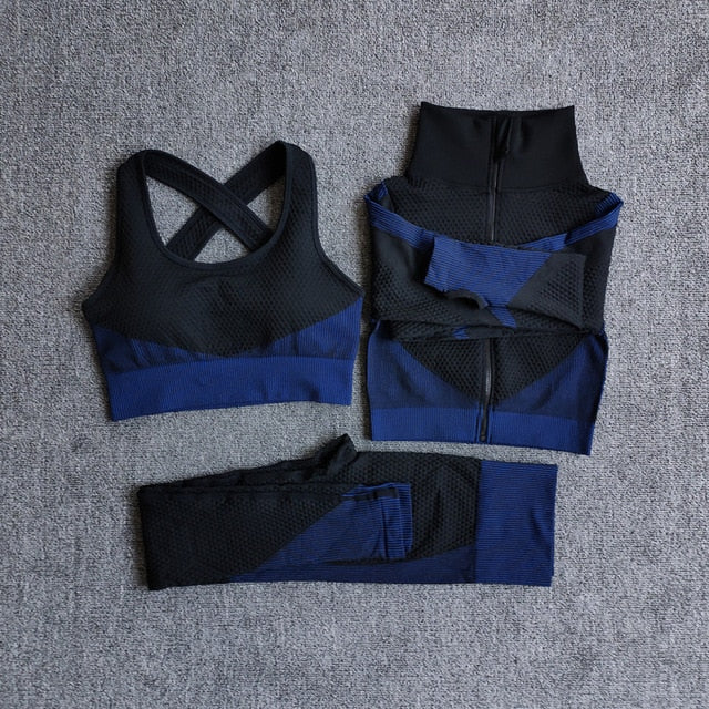 Women Fitness Sport Yoga Suit Seamless Women Yoga Sets Long Sleeve Yoga Clothing Female Sport Gym Suits Wear Running Clothes - keikeishopping