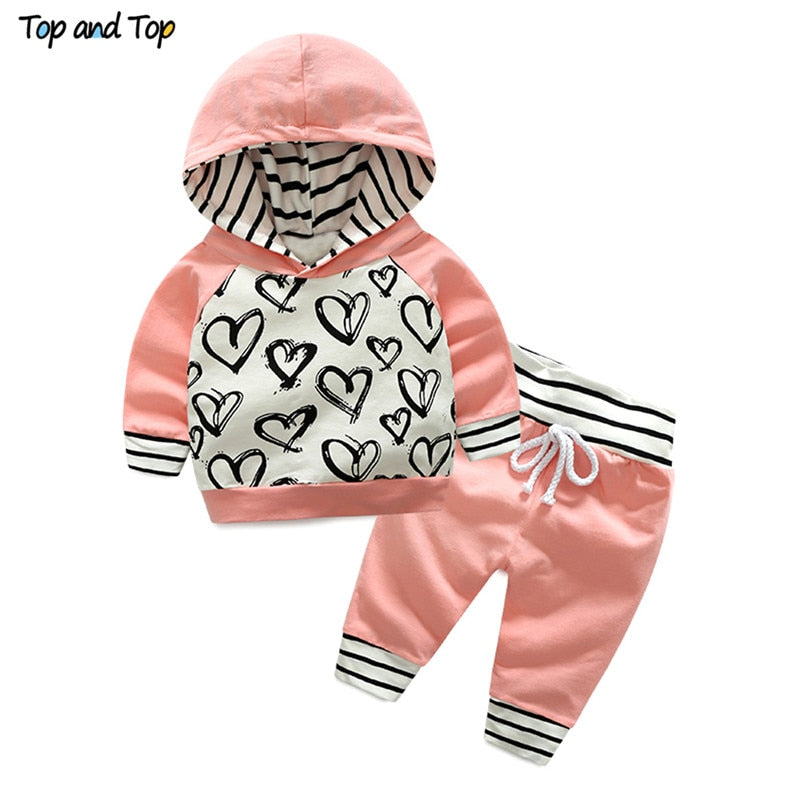 Top and Top Fashion Cute Infant Newborn Baby Girl Clothes Hooded Sweatshirt Striped Pants 2pcs Outfit Cotton Baby Tracksuit Set - keikeishopping