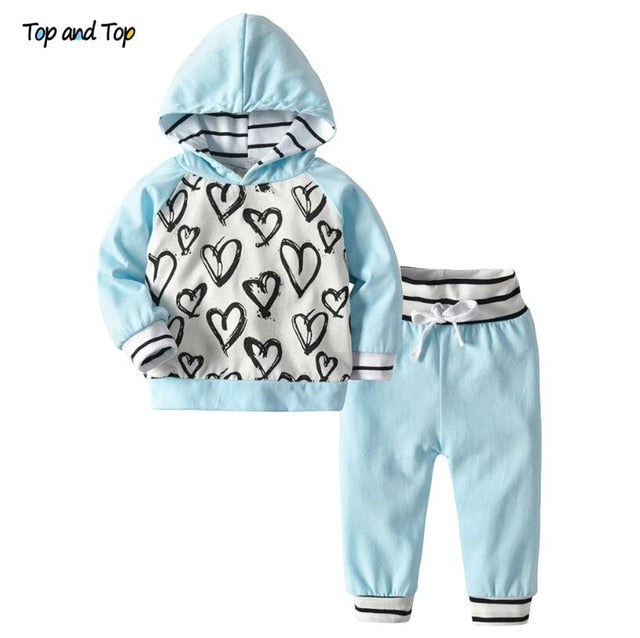 Top and Top Fashion Cute Infant Newborn Baby Girl Clothes Hooded Sweatshirt Striped Pants 2pcs Outfit Cotton Baby Tracksuit Set - keikeishopping