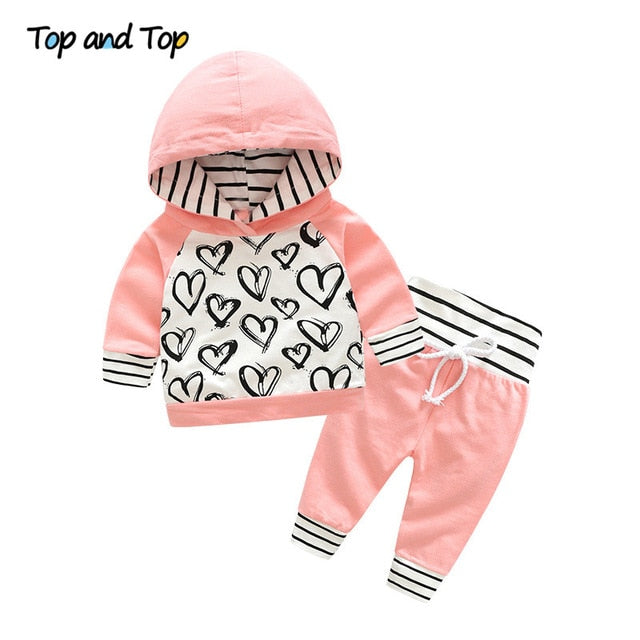 Top and Top Fashion Cute Infant Newborn Baby Girl Clothes Hooded Sweatshirt Striped Pants 2pcs Outfit Cotton Baby Tracksuit Set - keikeishopping