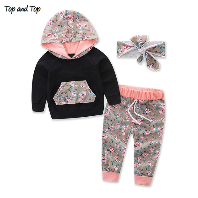 Top and Top Fashion Cute Infant Newborn Baby Girl Clothes Hooded Sweatshirt Striped Pants 2pcs Outfit Cotton Baby Tracksuit Set - keikeishopping