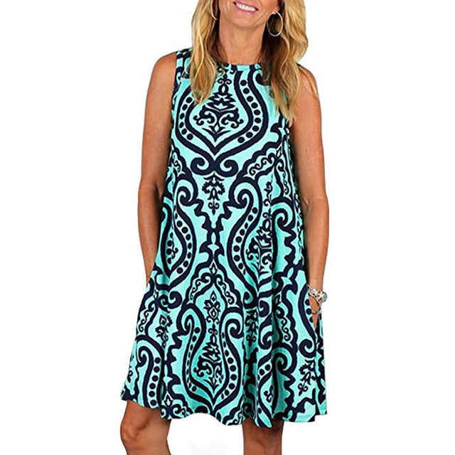 Women Beach Dress Summer Casual T Shirt Dresses Printed Tank Sexy Mini Dress Casual Beach Party Sundress Beach Cover Up - keikeishopping