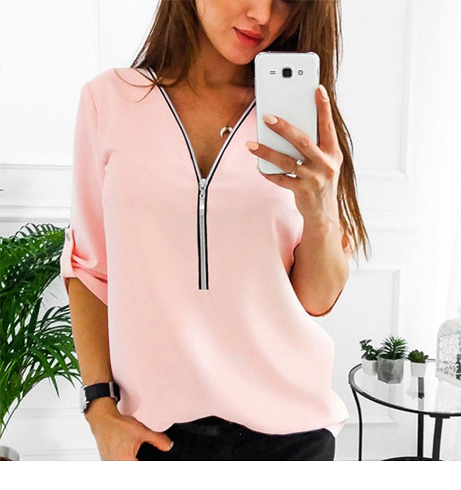 Women Shirts Sexy Solid Top Blouses - keikeishopping