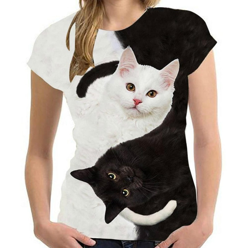 women two cats print short sleeve t shirts - keikeishopping