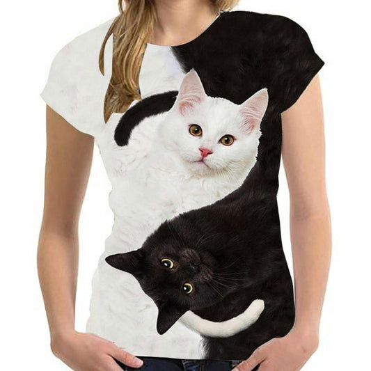 women two cats print short sleeve t shirts - keikeishopping