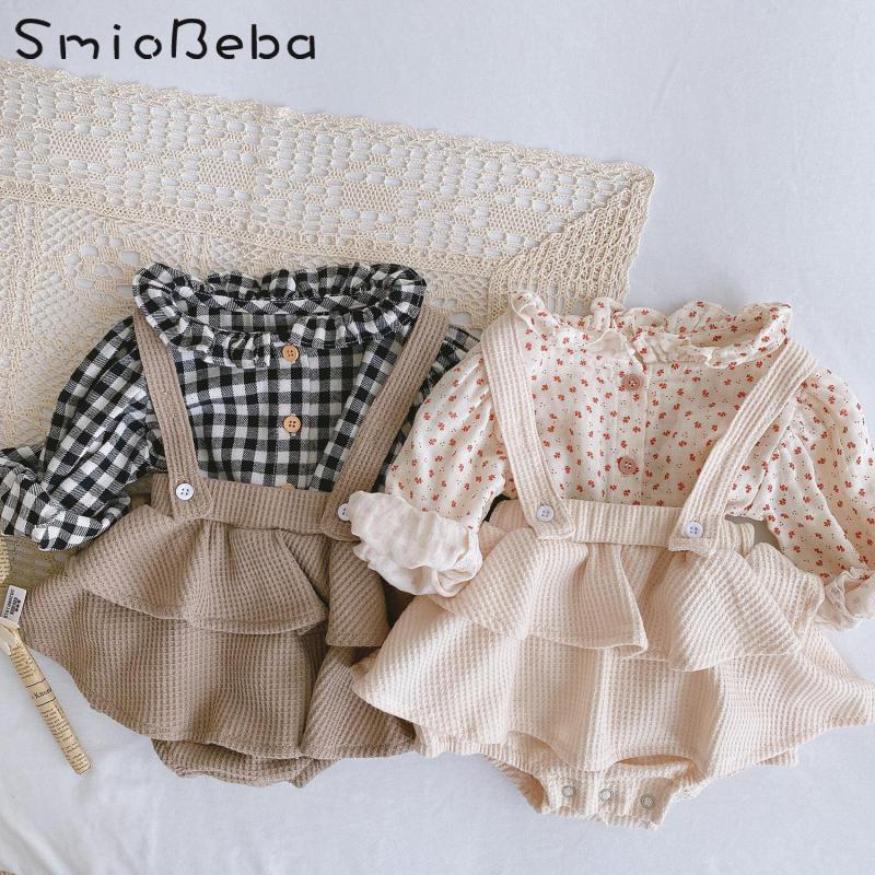 Vintage Baby Girl Overall Shirt Set Clothes Autumn Linen Girls Floral Blouss , Romper , Dress Newborn Baby Girls Strap Outfits - keikeishopping