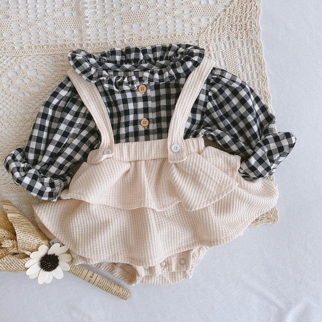 Vintage Baby Girl Overall Shirt Set Clothes Autumn Linen Girls Floral Blouss , Romper , Dress Newborn Baby Girls Strap Outfits - keikeishopping